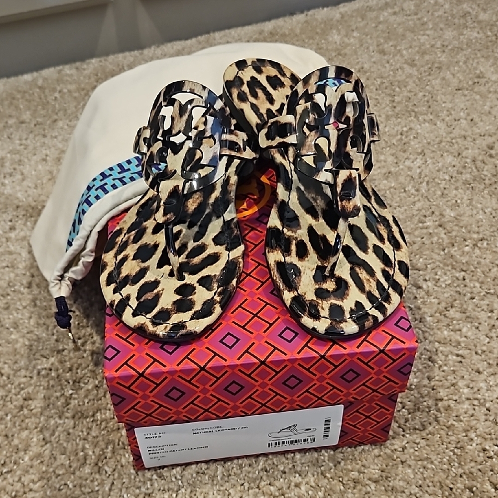Tory Burch Brown and Tan Sandals with Animal Print and Bow Detail